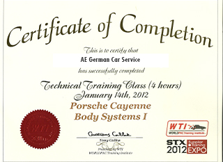 Completetion of Technical Training for Porsche Cayenne Body Systems 1