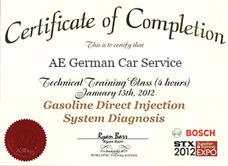 Completetion of Technical Training for Gasoline Direct Injection System Diagnoses