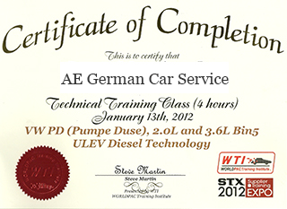VW PD (pulpe duse) 2.0l and 3.61 l bin 5 diesel technology traning completed.